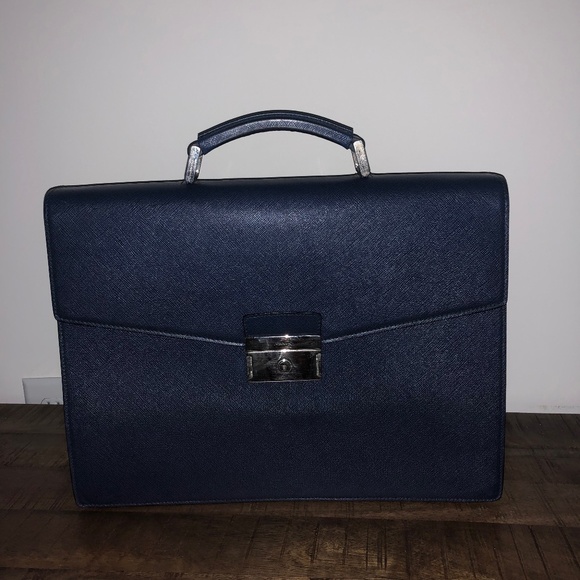 Prada Navy Blue Saffiano Leather Briefcase - Picture 1 of 2